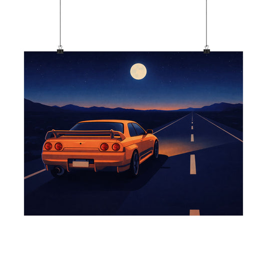 RetroGTR Orange Night Drive Wall Poster | JDM Car Decor | Sports Car Poster | Garage Man Cave Bedroom Art 1 of 3