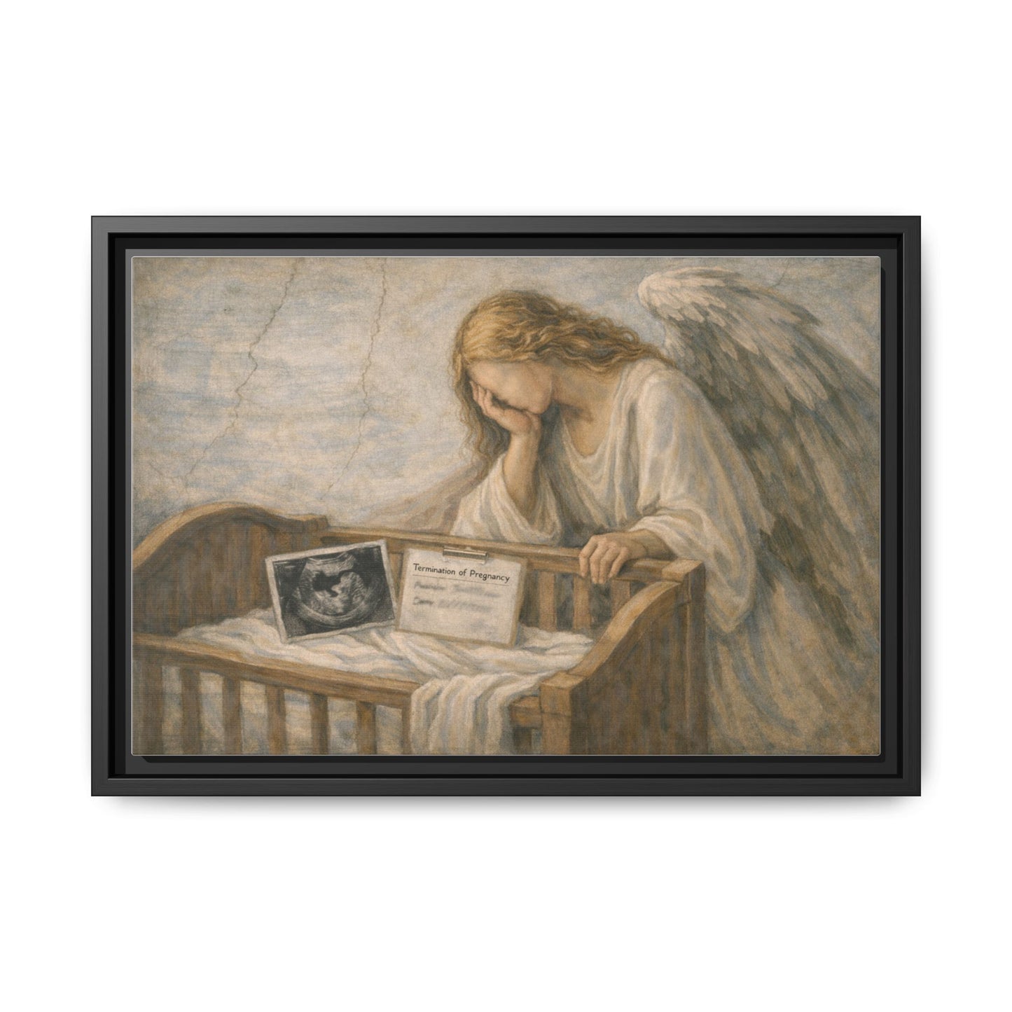 The Angel Who Waited | Weeping Guardian Over Empty Crib | Framed Memorial Canvas Art