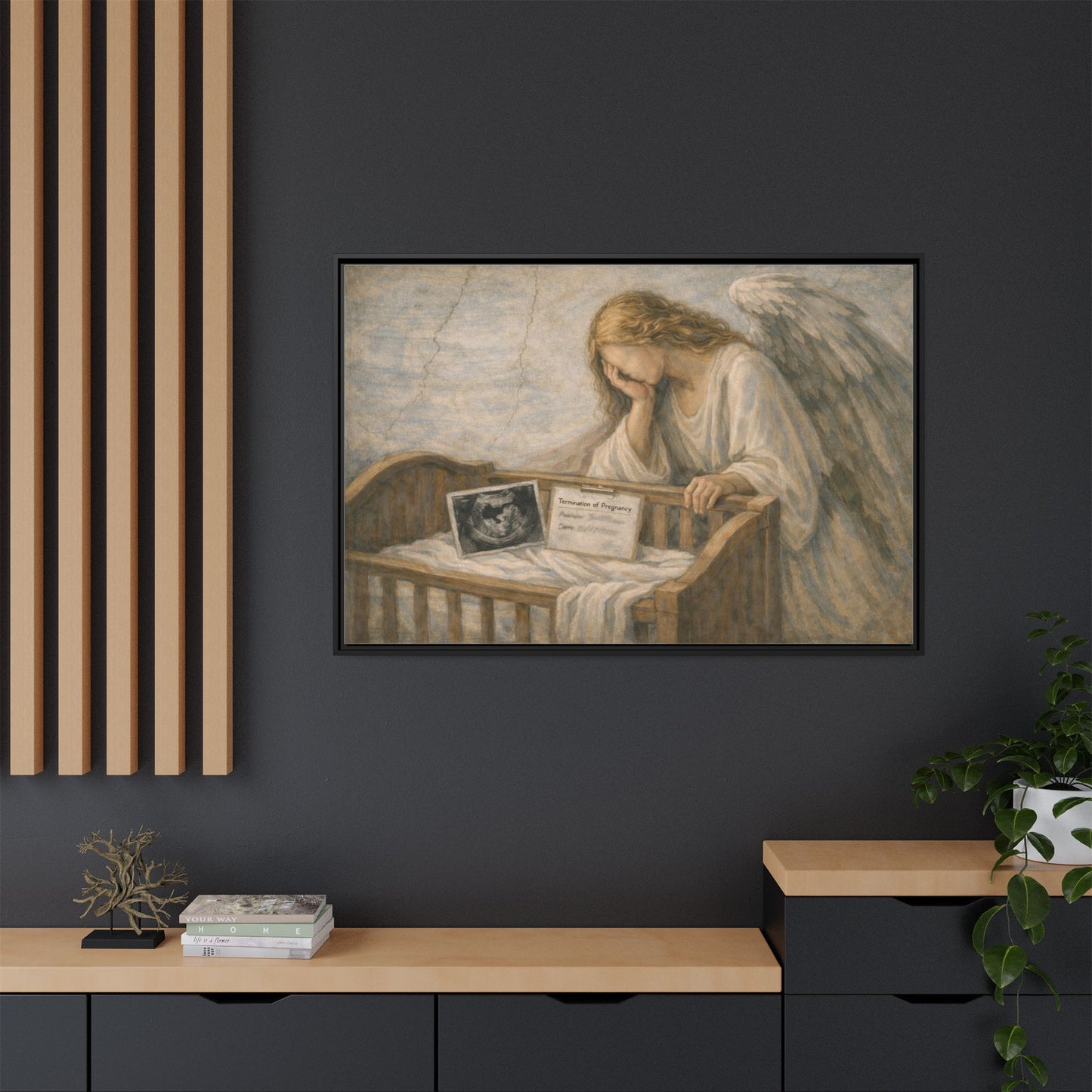 The Angel Who Waited | Weeping Guardian Over Empty Crib | Framed Memorial Canvas Art