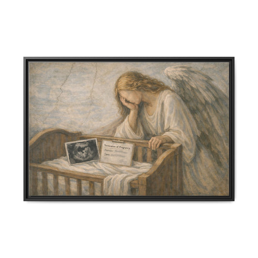 The Angel Who Waited | Weeping Guardian Over Empty Crib | Framed Memorial Canvas Art