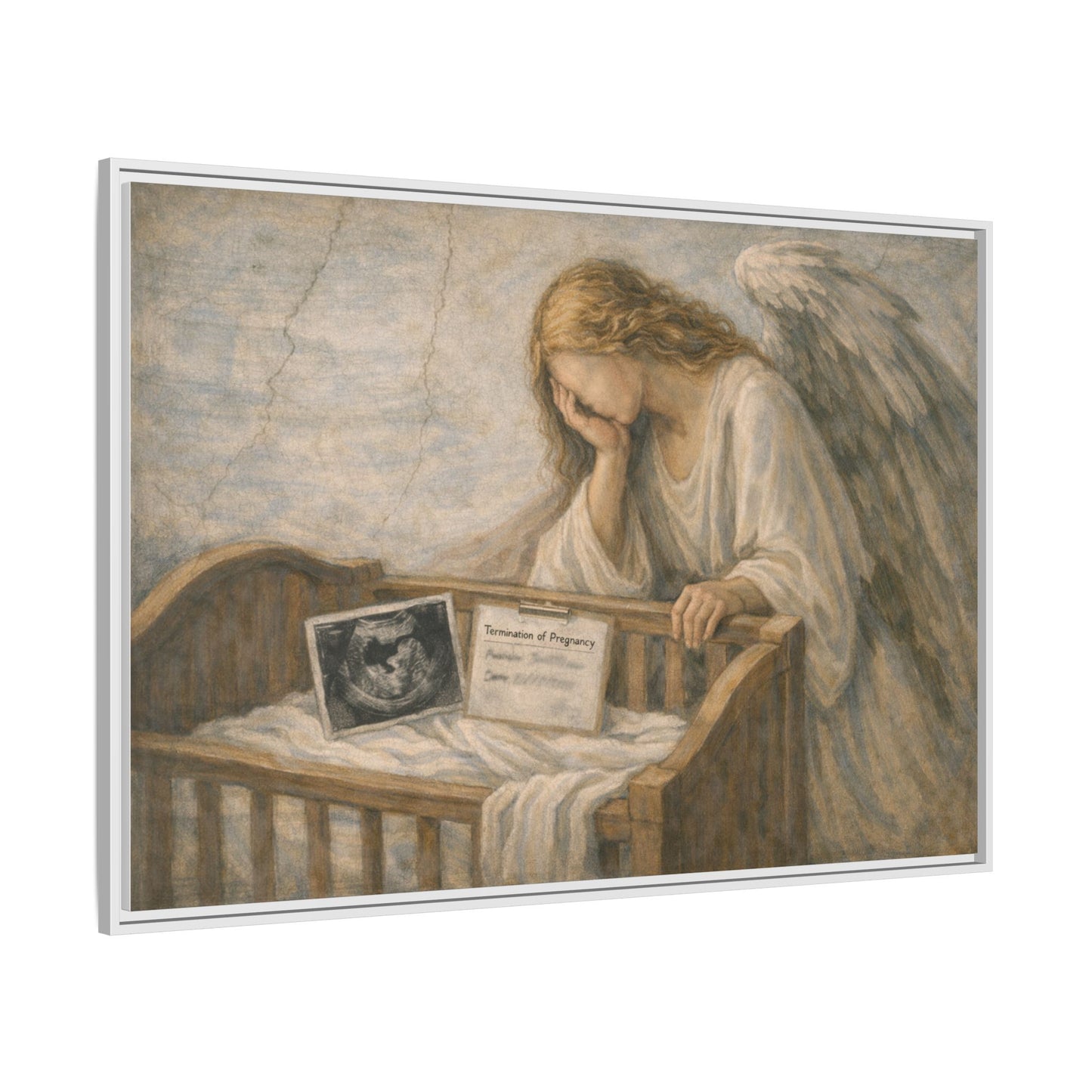 The Angel Who Waited | Weeping Guardian Over Empty Crib | Framed Memorial Canvas Art