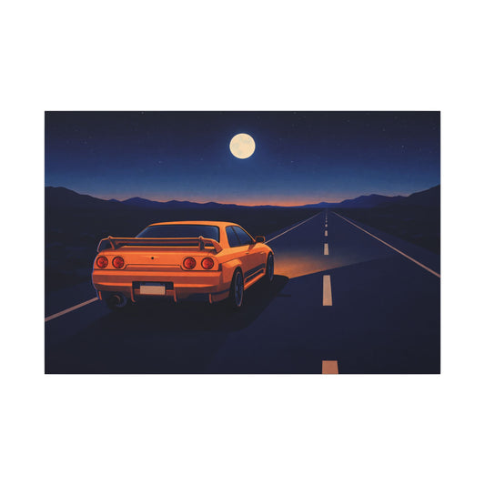 RetroGTR Orange Night Drive Wall Canvas | JDM Car Decor | Sports Car Poster | Garage Man Cave Bedroom Art 1 of 3