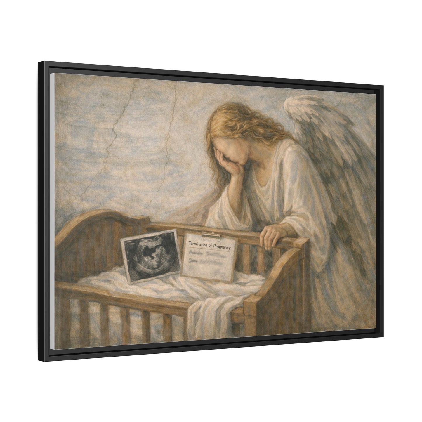 The Angel Who Waited | Weeping Guardian Over Empty Crib | Framed Memorial Canvas Art