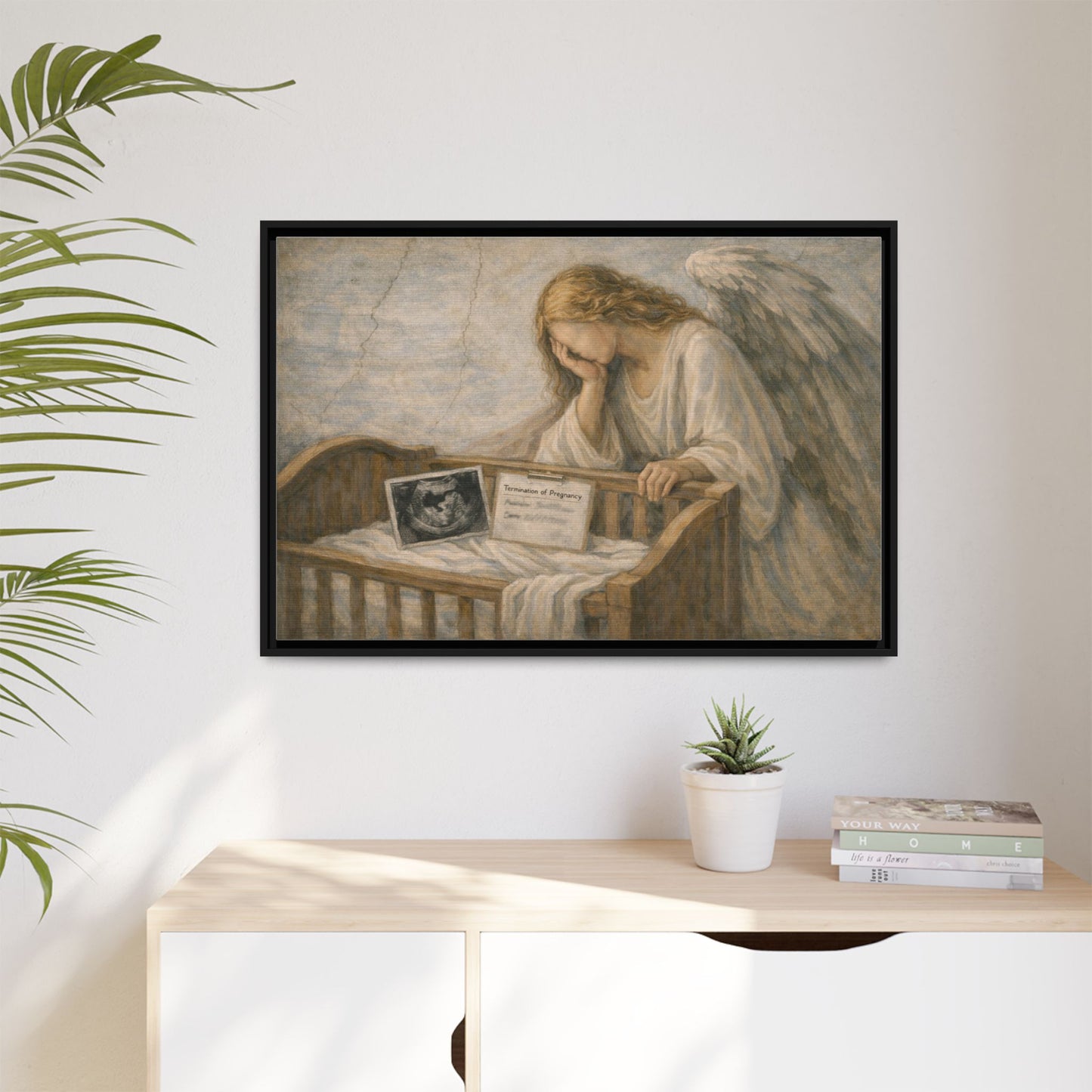 The Angel Who Waited | Weeping Guardian Over Empty Crib | Framed Memorial Canvas Art