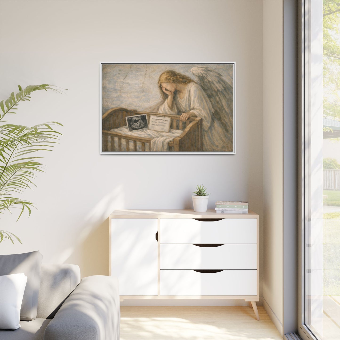 The Angel Who Waited | Weeping Guardian Over Empty Crib | Framed Memorial Canvas Art