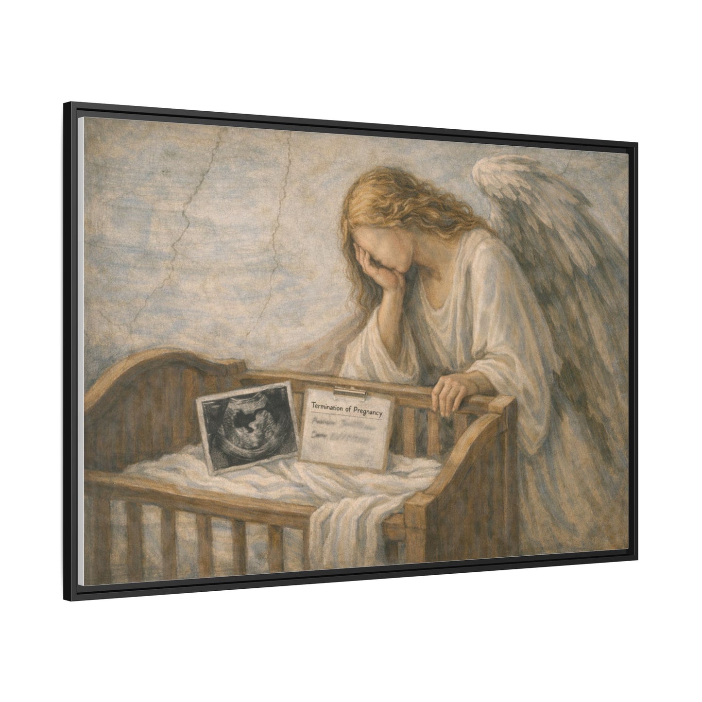 The Angel Who Waited | Weeping Guardian Over Empty Crib | Framed Memorial Canvas Art