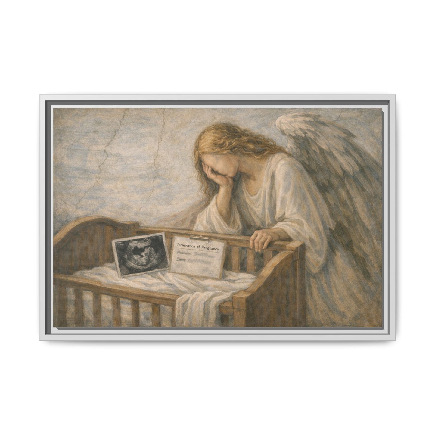 The Angel Who Waited | Weeping Guardian Over Empty Crib | Framed Memorial Canvas Art