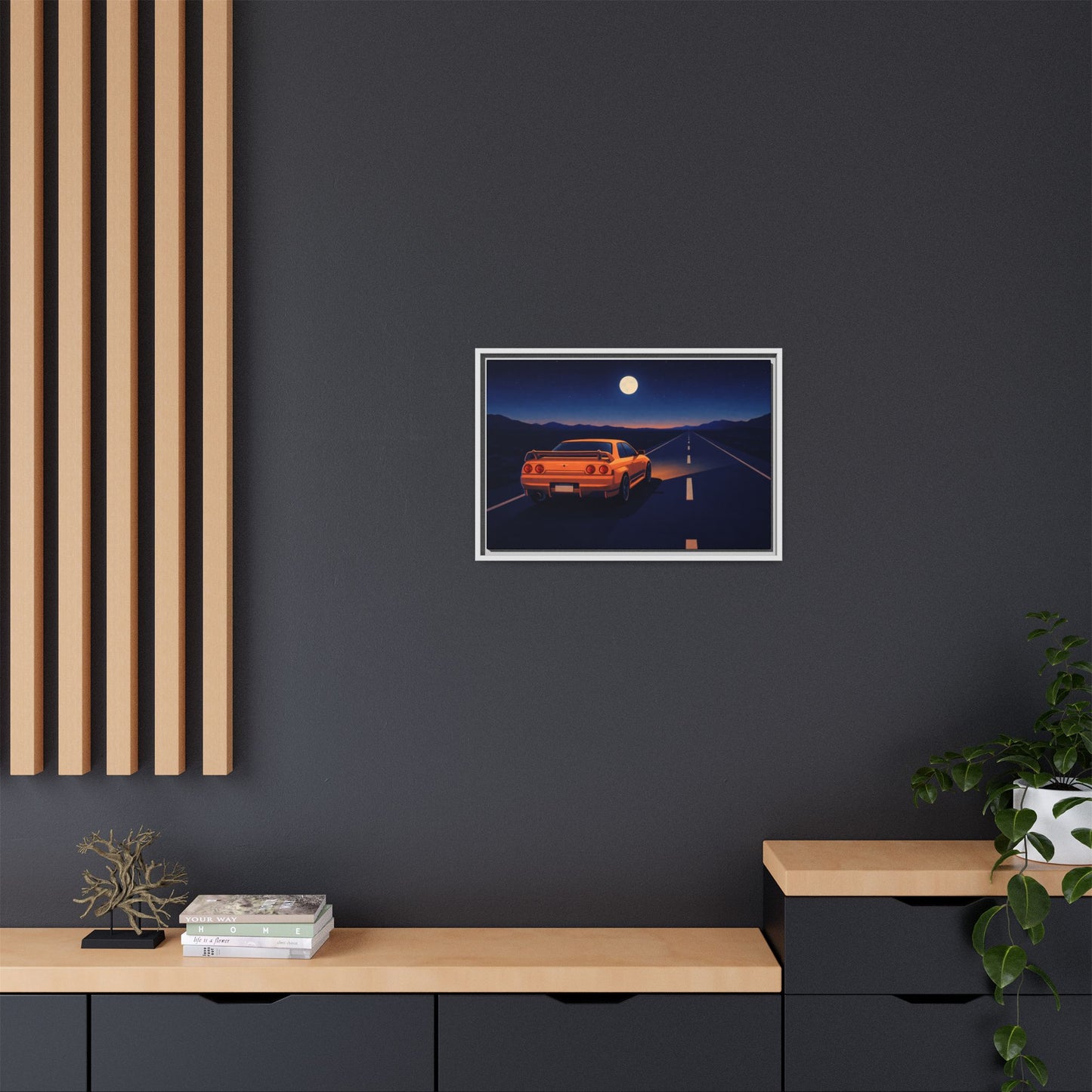 RetroGTR Orange Night Drive Wall Framed Canvas | JDM Car Decor | Sports Car Poster | Garage Man Cave Bedroom Art 1 of 3