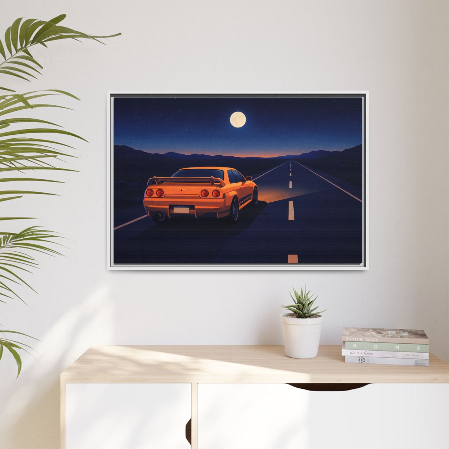 RetroGTR Orange Night Drive Wall Framed Canvas | JDM Car Decor | Sports Car Poster | Garage Man Cave Bedroom Art 1 of 3