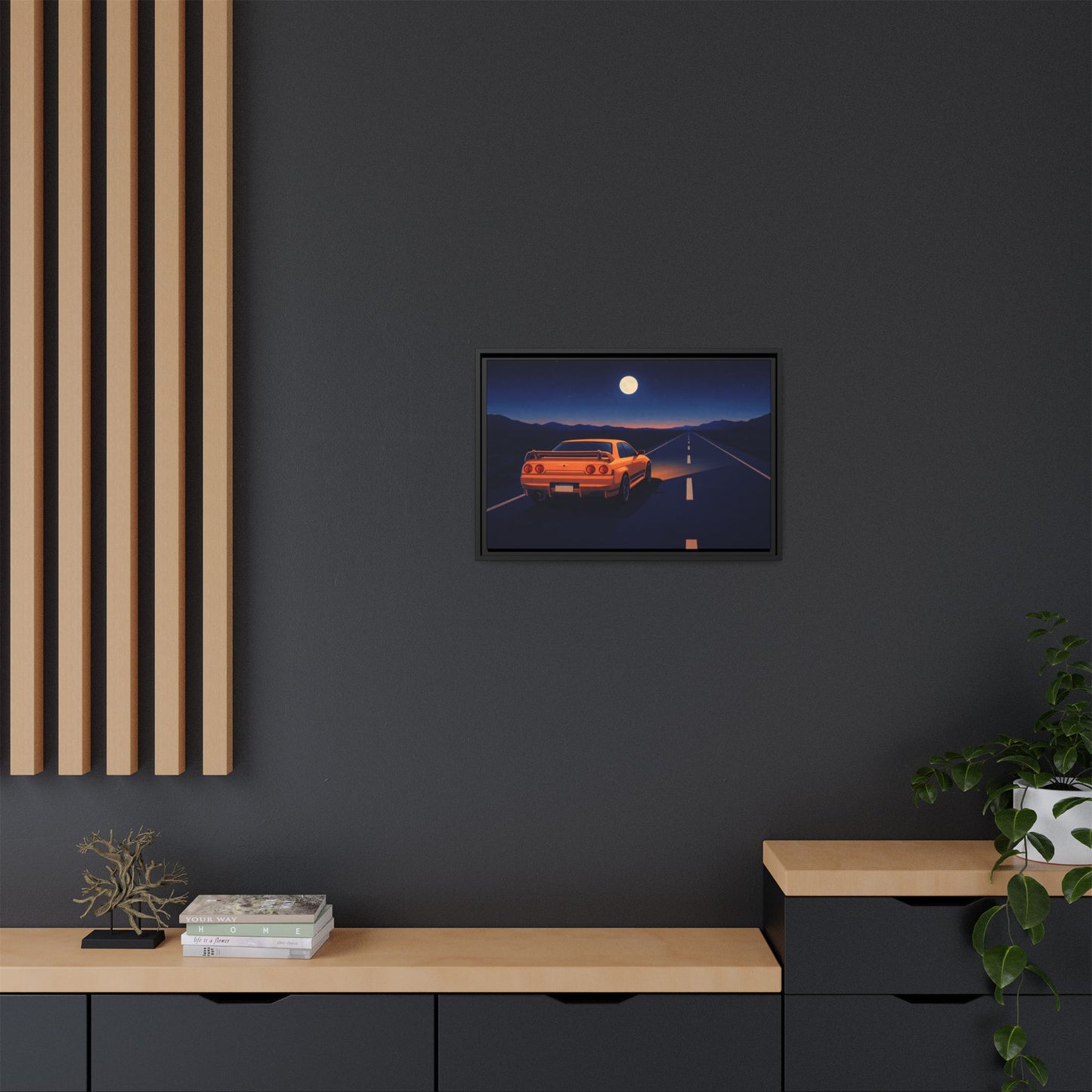 RetroGTR Orange Night Drive Wall Framed Canvas | JDM Car Decor | Sports Car Poster | Garage Man Cave Bedroom Art 1 of 3