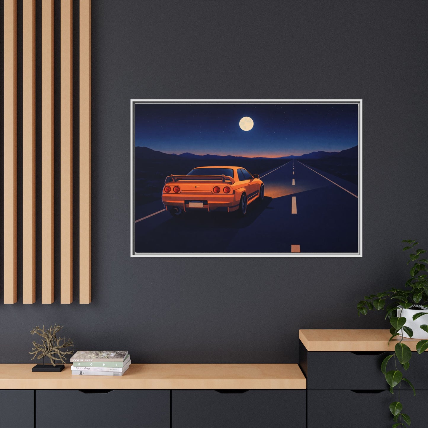RetroGTR Orange Night Drive Wall Framed Canvas | JDM Car Decor | Sports Car Poster | Garage Man Cave Bedroom Art 1 of 3