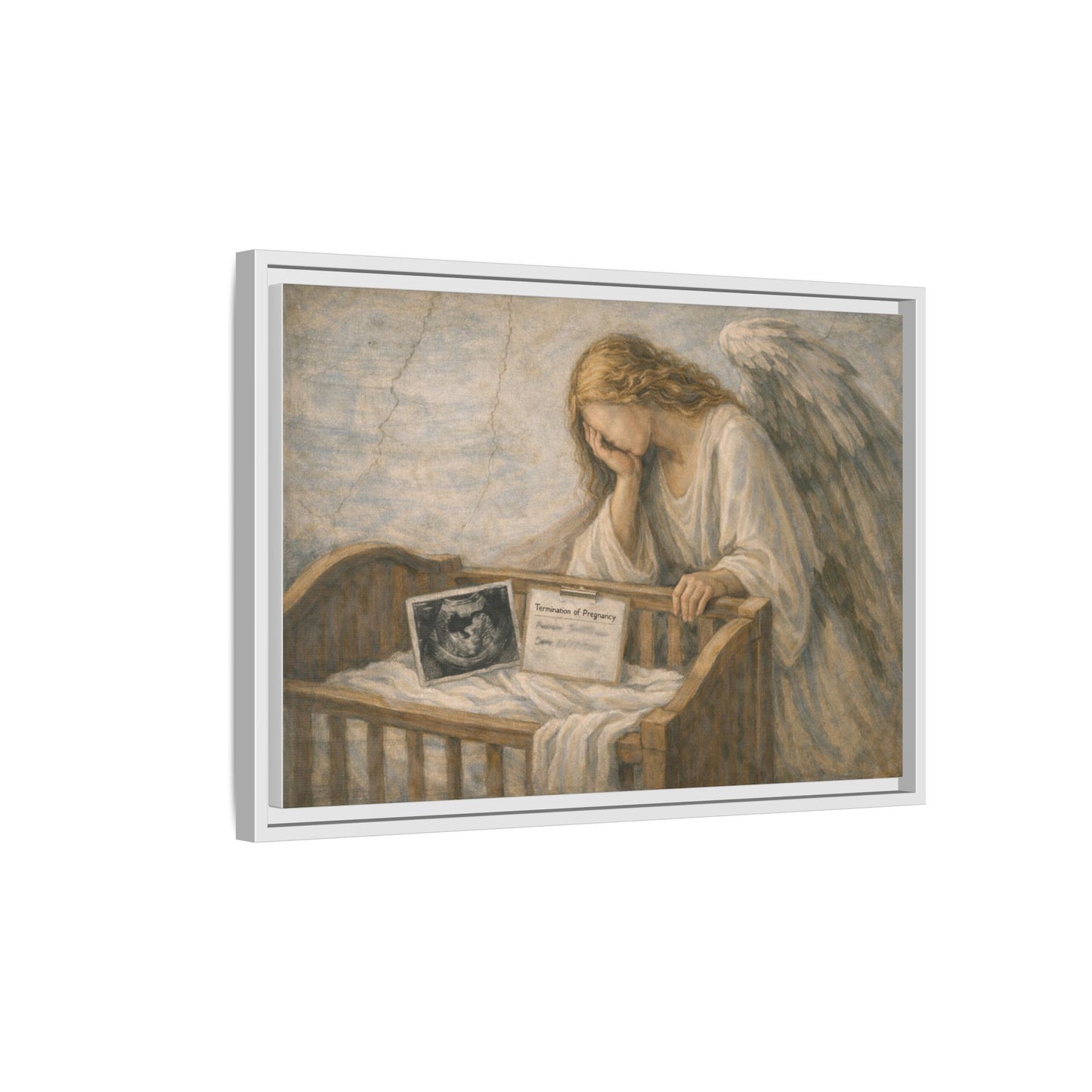 The Angel Who Waited | Weeping Guardian Over Empty Crib | Framed Memorial Canvas Art