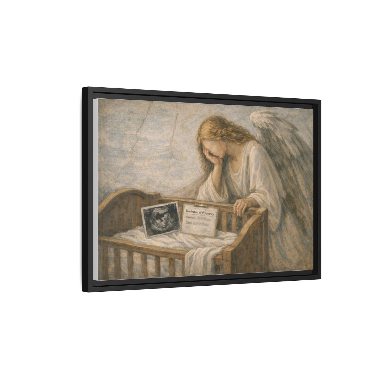 The Angel Who Waited | Weeping Guardian Over Empty Crib | Framed Memorial Canvas Art