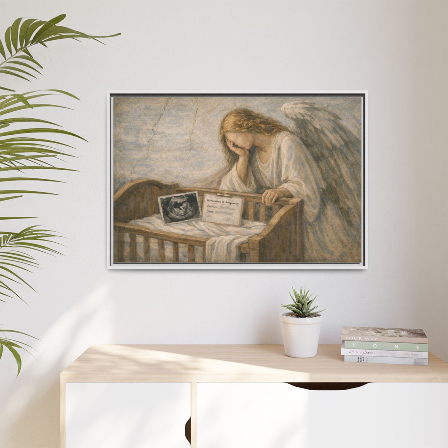 The Angel Who Waited | Weeping Guardian Over Empty Crib | Framed Memorial Canvas Art