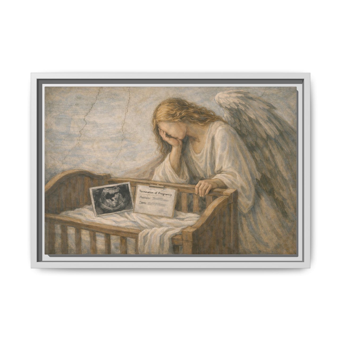The Angel Who Waited | Weeping Guardian Over Empty Crib | Framed Memorial Canvas Art