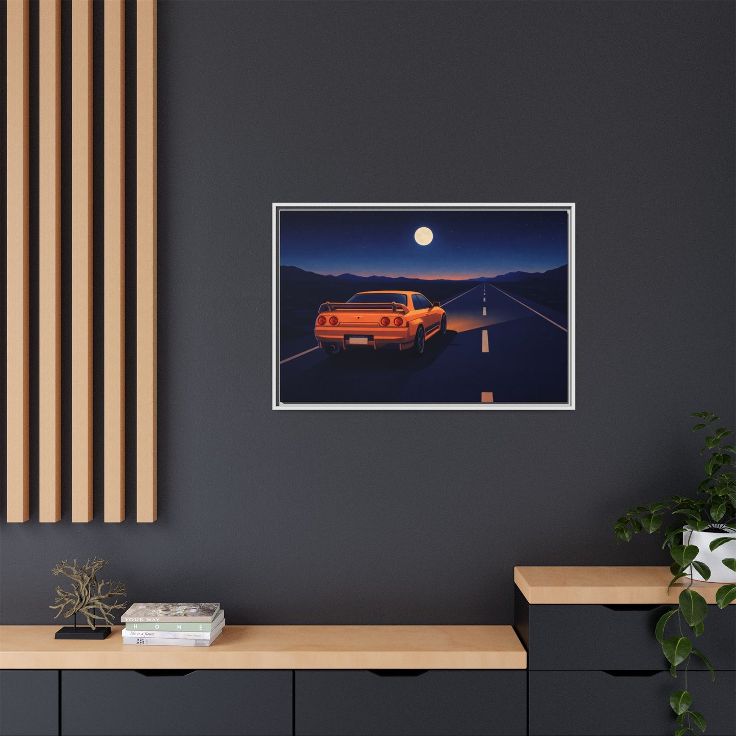 RetroGTR Orange Night Drive Wall Framed Canvas | JDM Car Decor | Sports Car Poster | Garage Man Cave Bedroom Art 1 of 3