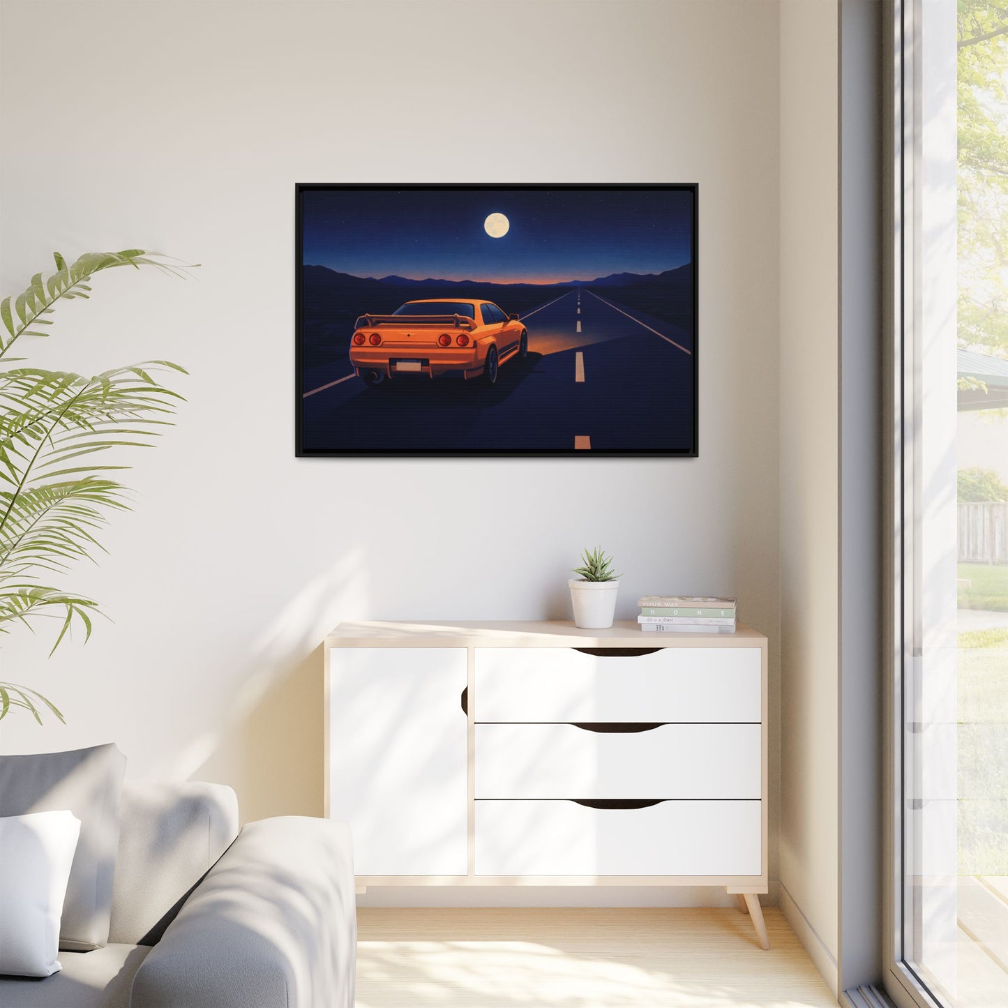 RetroGTR Orange Night Drive Wall Framed Canvas | JDM Car Decor | Sports Car Poster | Garage Man Cave Bedroom Art 1 of 3