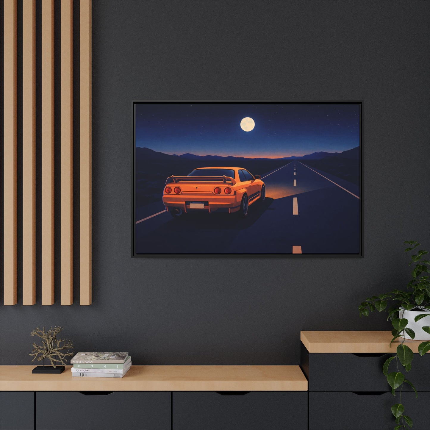 RetroGTR Orange Night Drive Wall Framed Canvas | JDM Car Decor | Sports Car Poster | Garage Man Cave Bedroom Art 1 of 3