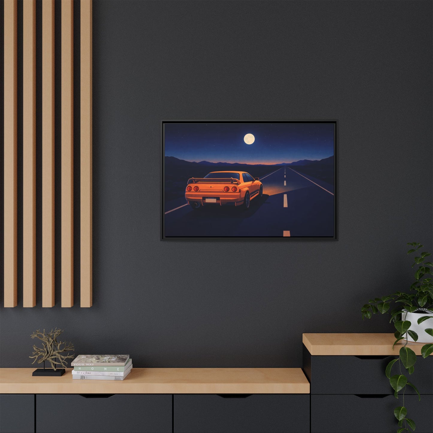 RetroGTR Orange Night Drive Wall Framed Canvas | JDM Car Decor | Sports Car Poster | Garage Man Cave Bedroom Art 1 of 3