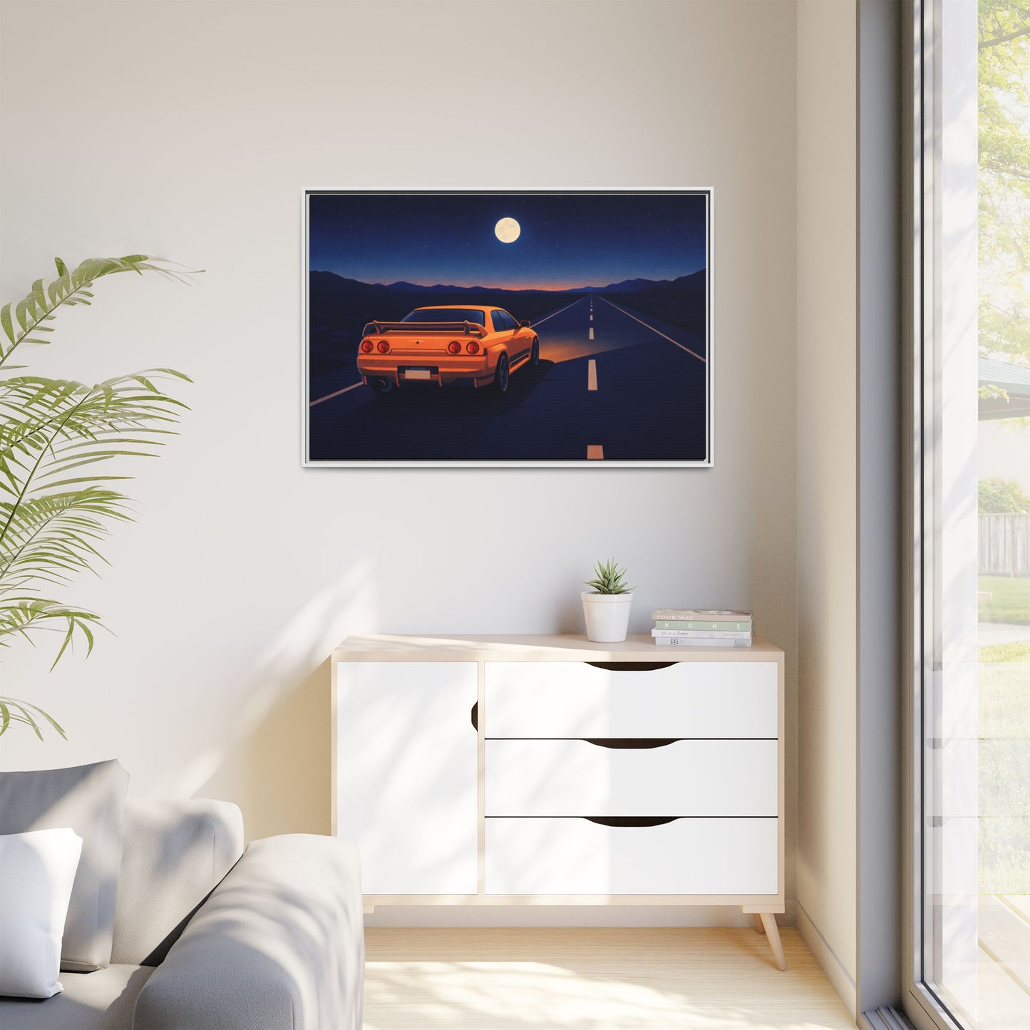 RetroGTR Orange Night Drive Wall Framed Canvas | JDM Car Decor | Sports Car Poster | Garage Man Cave Bedroom Art 1 of 3