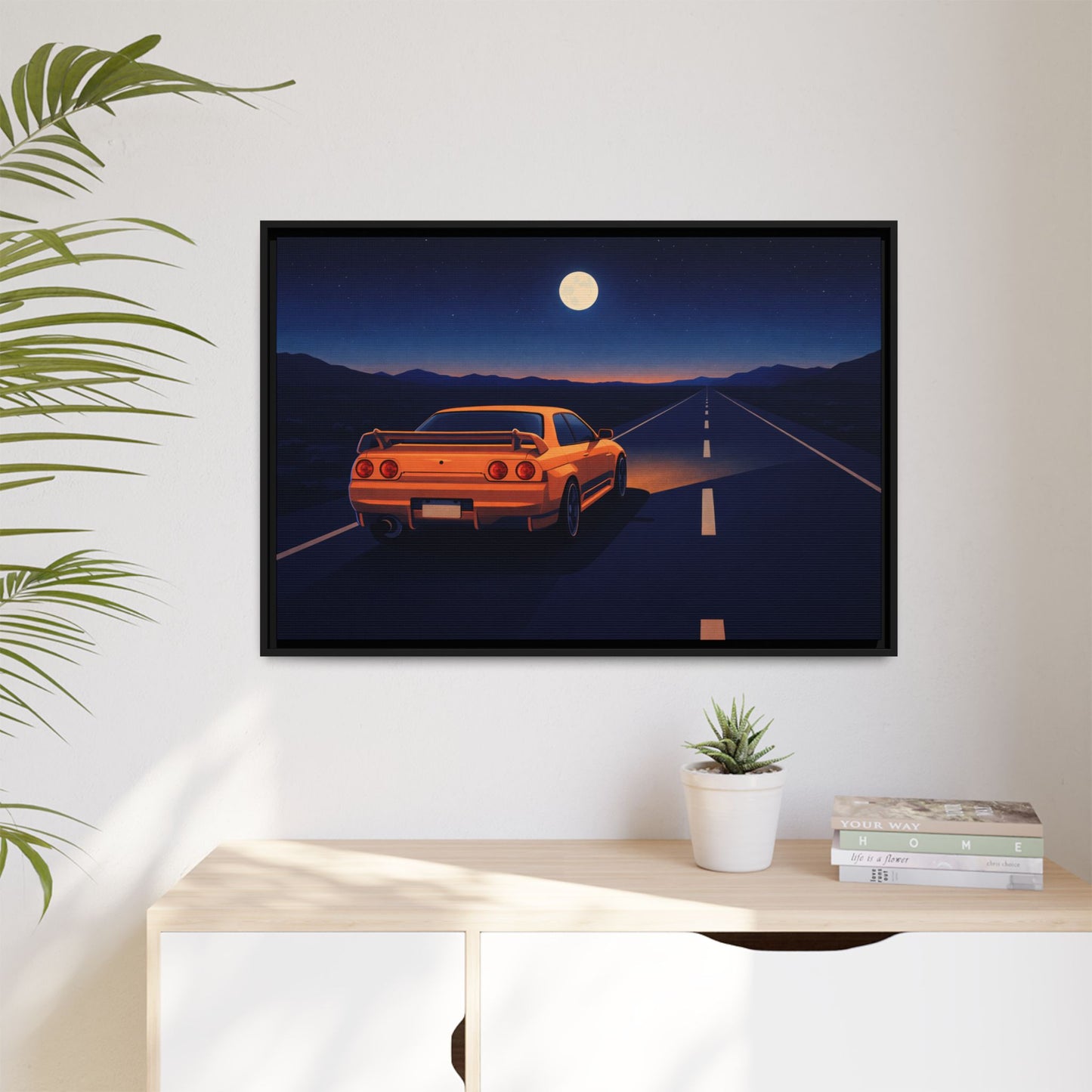 RetroGTR Orange Night Drive Wall Framed Canvas | JDM Car Decor | Sports Car Poster | Garage Man Cave Bedroom Art 1 of 3