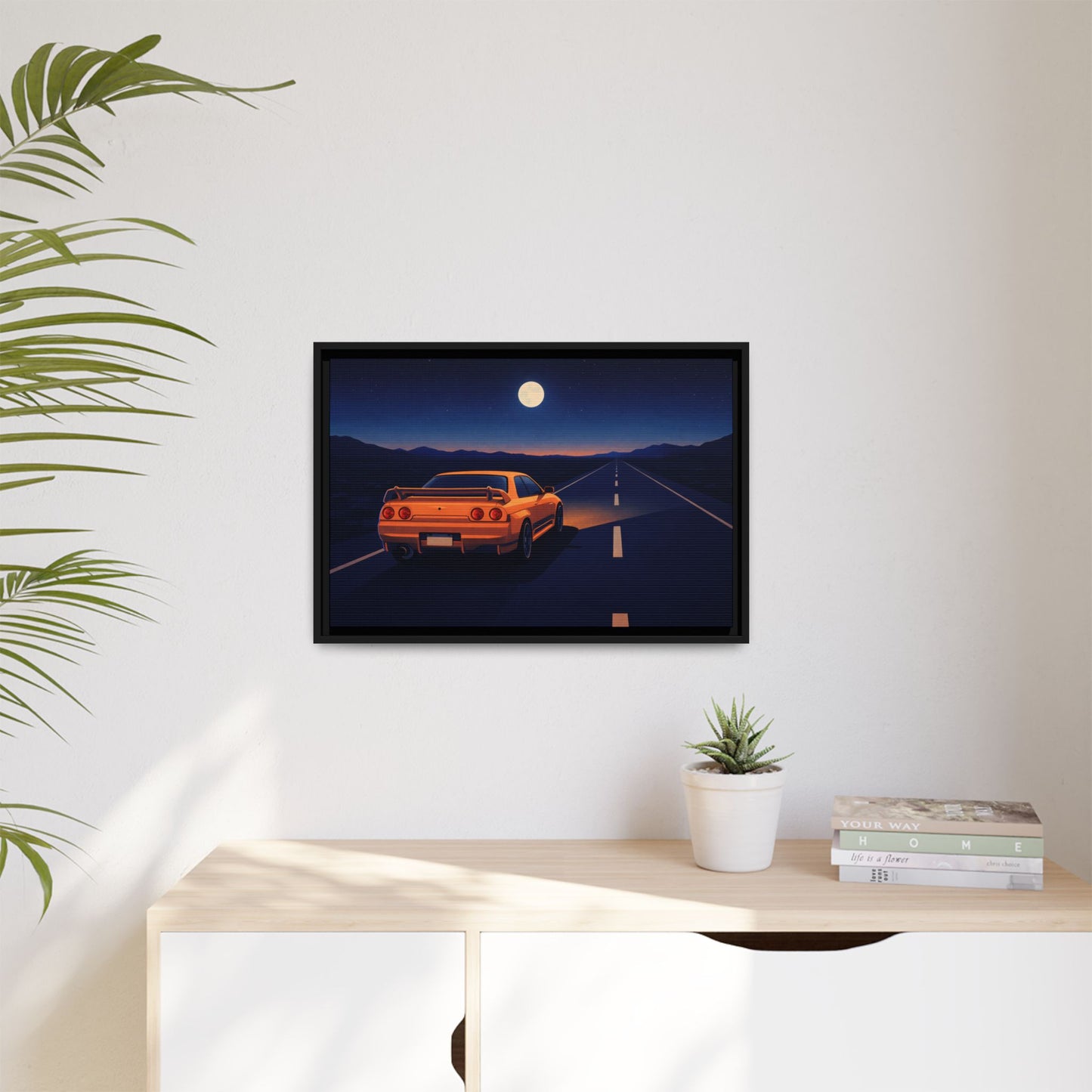 RetroGTR Orange Night Drive Wall Framed Canvas | JDM Car Decor | Sports Car Poster | Garage Man Cave Bedroom Art 1 of 3