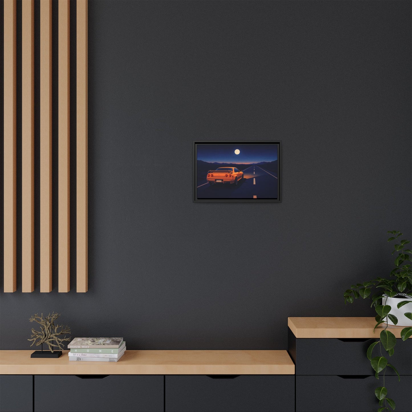 RetroGTR Orange Night Drive Wall Framed Canvas | JDM Car Decor | Sports Car Poster | Garage Man Cave Bedroom Art 1 of 3