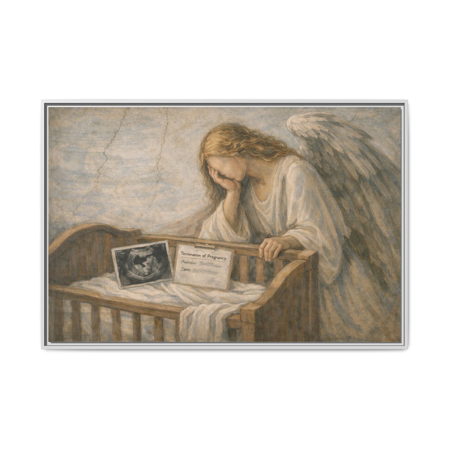 The Angel Who Waited | Weeping Guardian Over Empty Crib | Framed Memorial Canvas Art