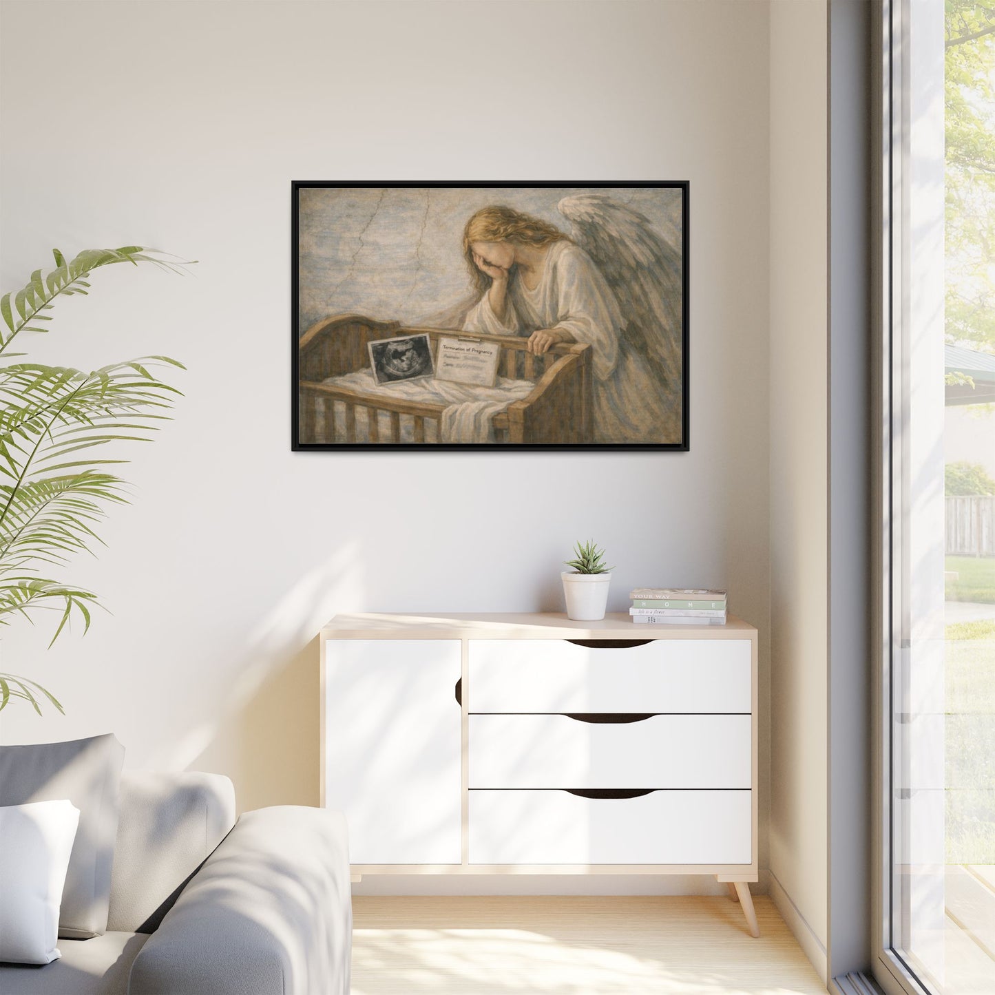 The Angel Who Waited | Weeping Guardian Over Empty Crib | Framed Memorial Canvas Art
