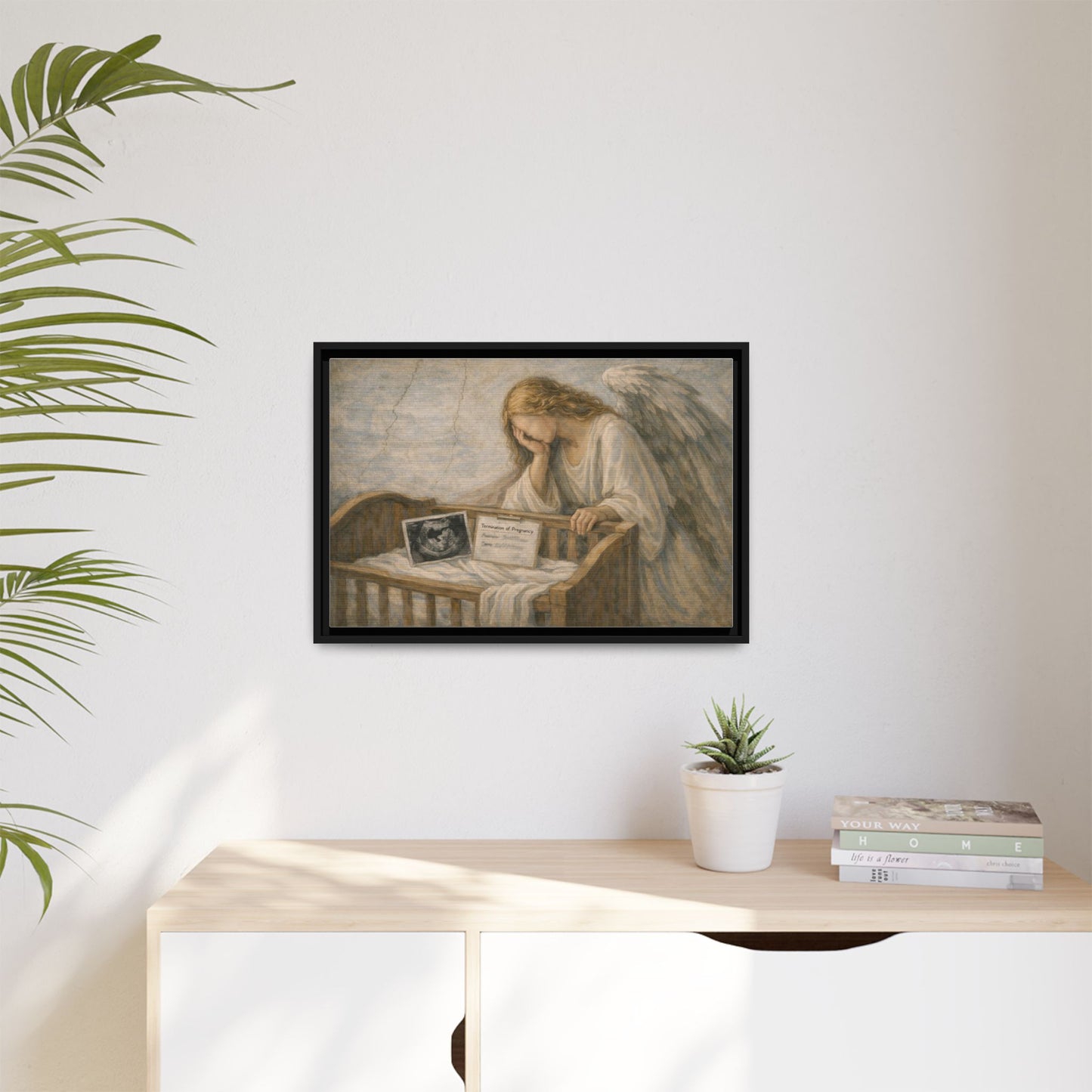 The Angel Who Waited | Weeping Guardian Over Empty Crib | Framed Memorial Canvas Art